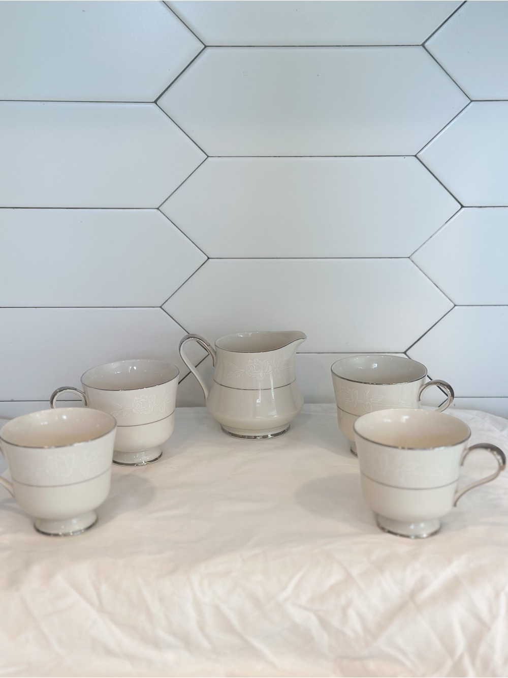 Royal Castle Cream Porcelain Tea Set with Silver Trim - 5-Piece